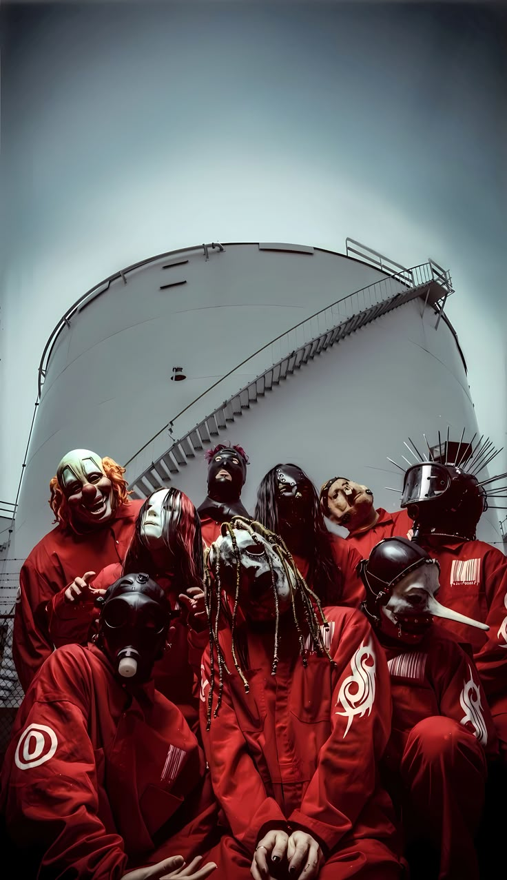 Slipknot banda - foto icónica con máscaras y monos rojos
