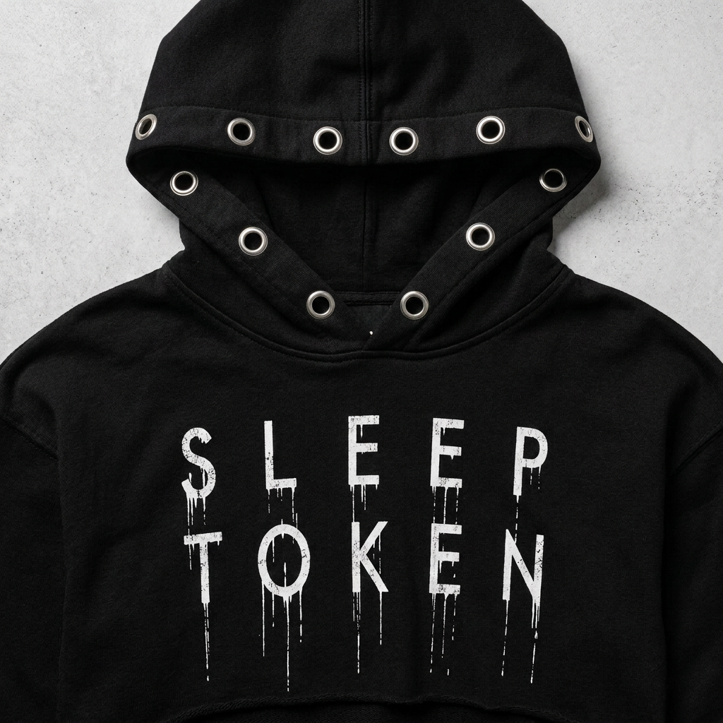 Detalle de capucha, ojetillos y estampado del crop hoodie Sleep Token