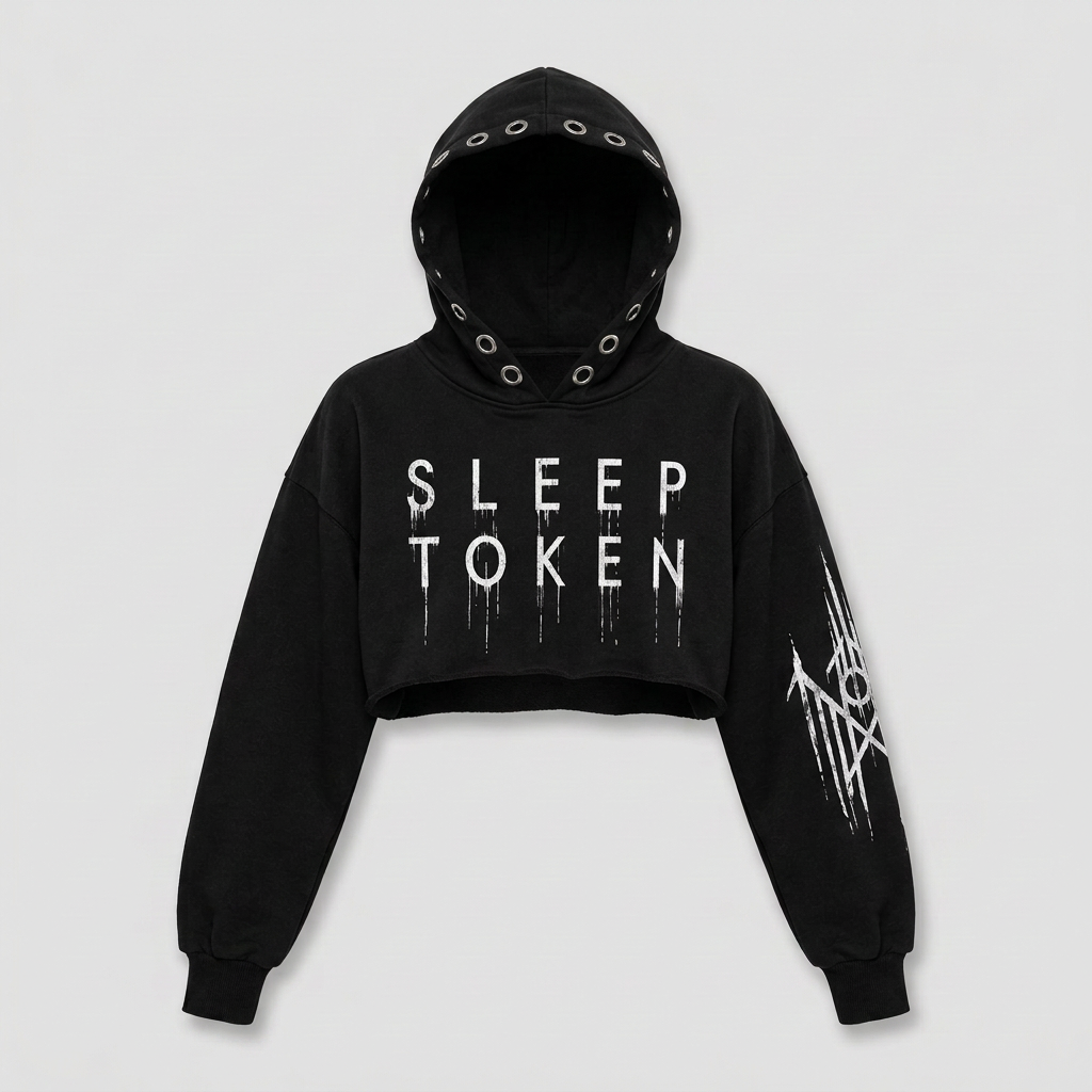 Crop hoodie Sleep Token sin modelo, vista frontal