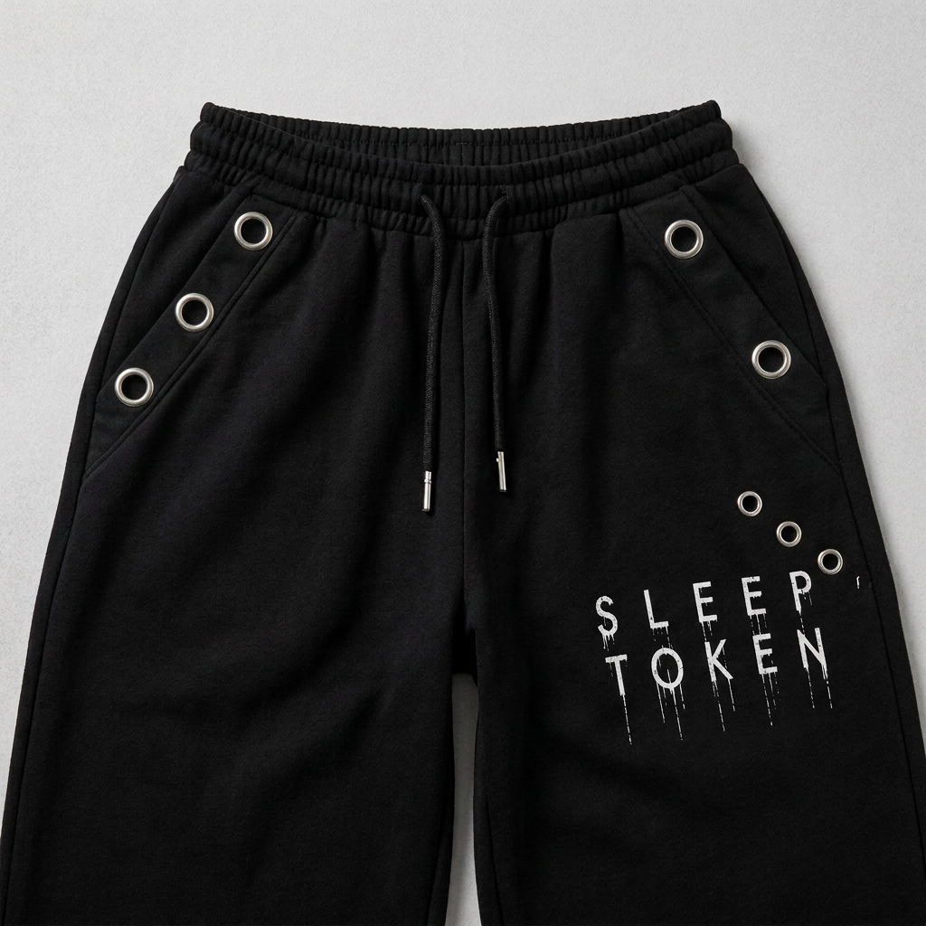 Detalle de cintura, ojetillos y estampado del pantalón Sleep Token
